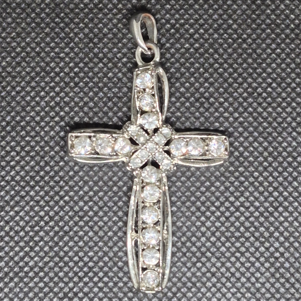 CROSS PENDANT Silver Tone with Sparkling Clear Rhinestones